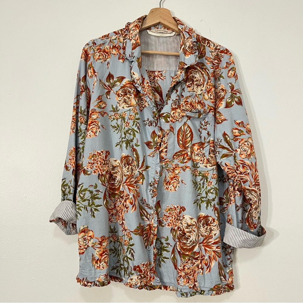 Soft Surroundings Floral Ruffle Trim Button Up Short Women’s Size Large